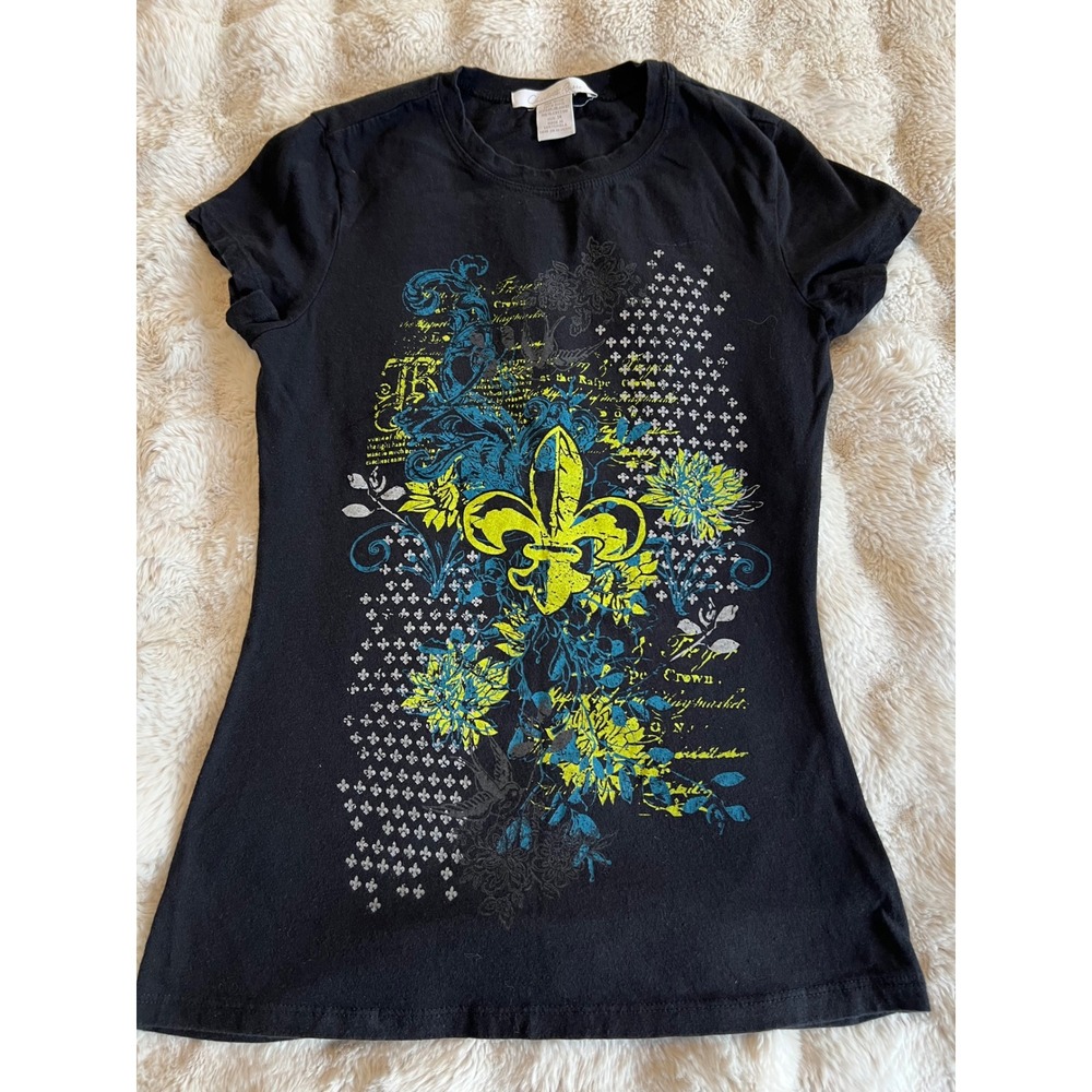 Charlotte Russe y2k‎ Black Fleur de Lis Graphic Baby Tee Size M Grunge